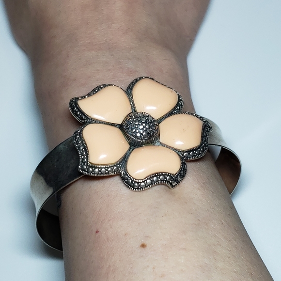 Peach Enamel Bracelet NK Sterling Silver Flower - Picture 5 of 8